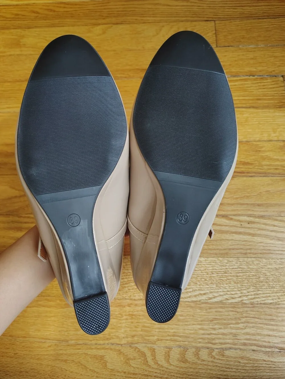Comfortable Nude Patent Mary Jane Wedge Pumps - Size 39 (US 8.5)